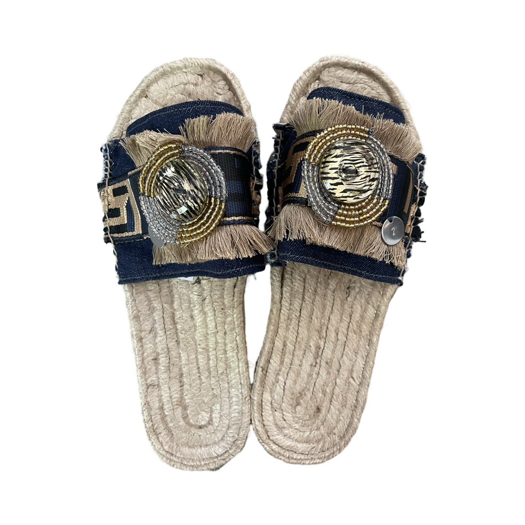 SANDAL - DARK DENIM WITH FRINGE AND GOLD BEADWORK