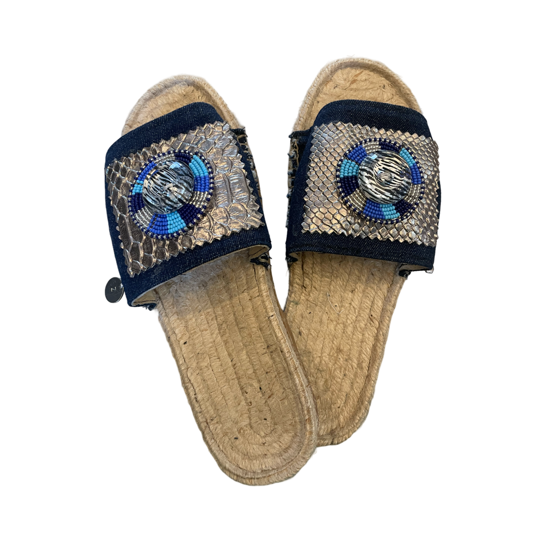 SANDALS - DARK DENIM WITH FAUX CROC AND BEADWORK