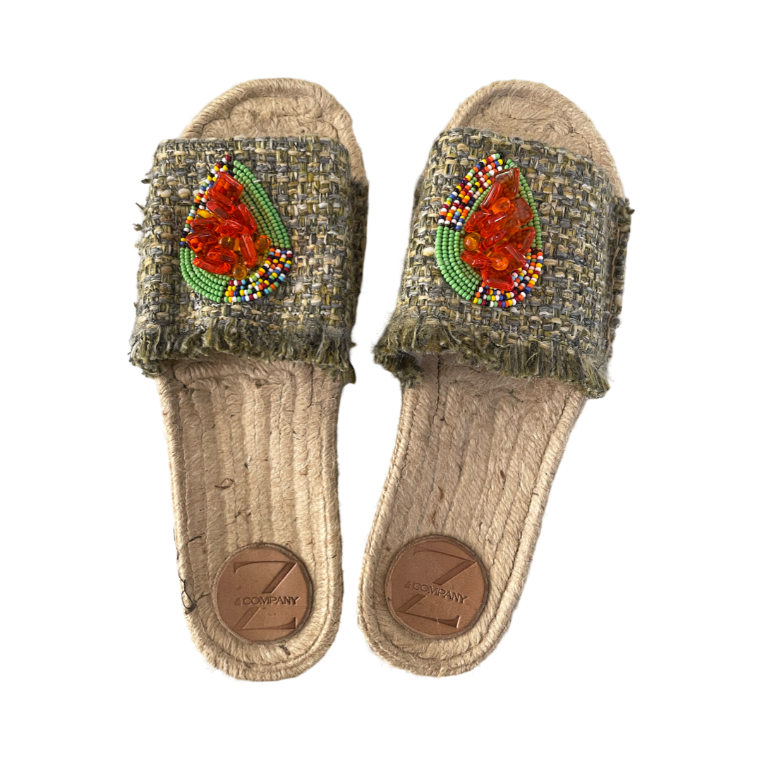 SANDALS - GREEN AND ORANGE BEADED SLIDES