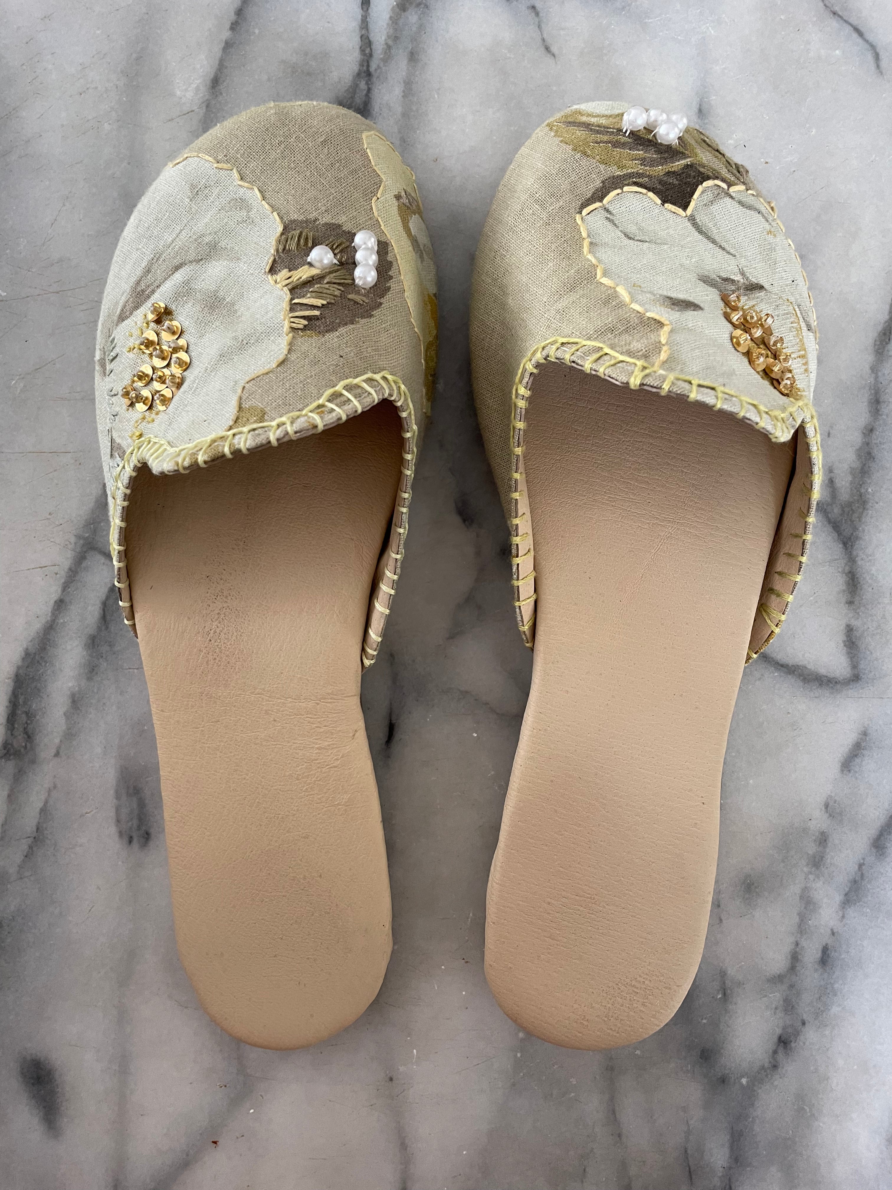 MULES -   Muted floral slides with Faux pearls, sequins and hand embroidery