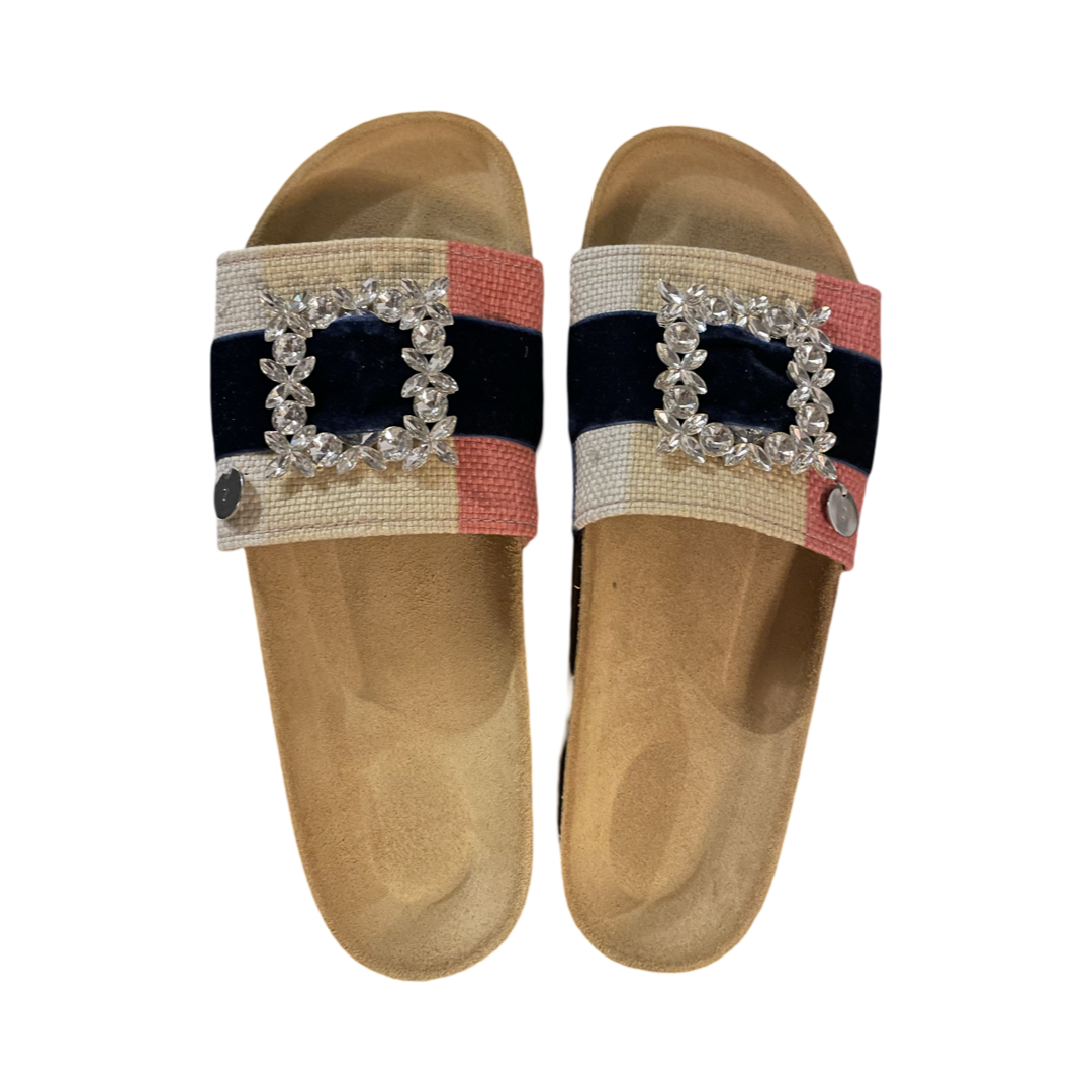 SANDALS - BRIGHT STRIPES WITH VELVET RIBBON AND DIAMANTE DETAIL