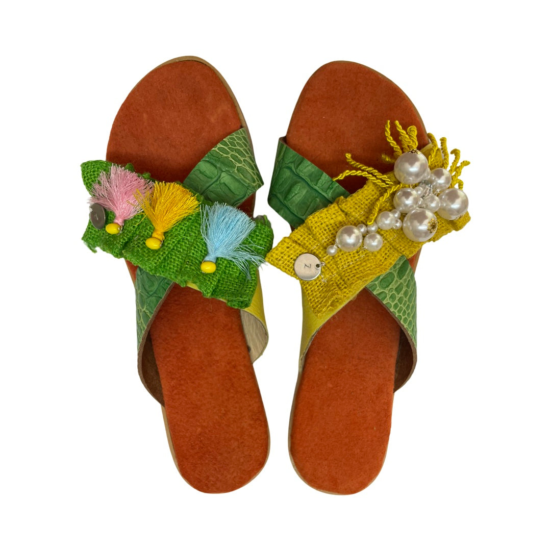 SANDALS - GREEN AND YELLOW LEATHER CRISS CROSS SLIDES WITH DETACHABLE EMBELLISHMENTS