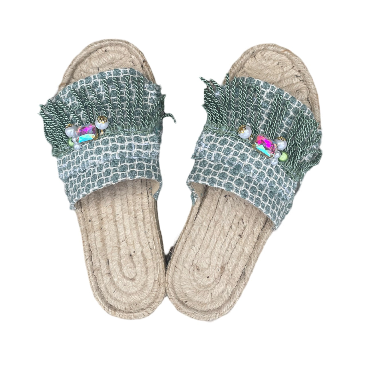 SANDALS - PALE GREEN ESPADRILLES WITH CLEAR CRYSTALS