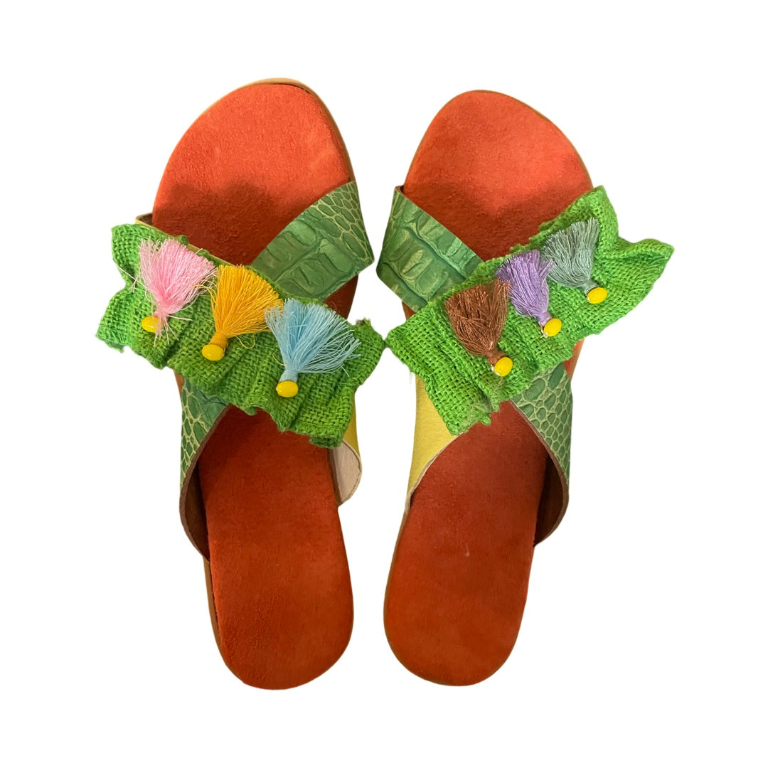 SANDALS - GREEN AND YELLOW LEATHER CRISS CROSS SLIDES WITH DETACHABLE EMBELLISHMENTS