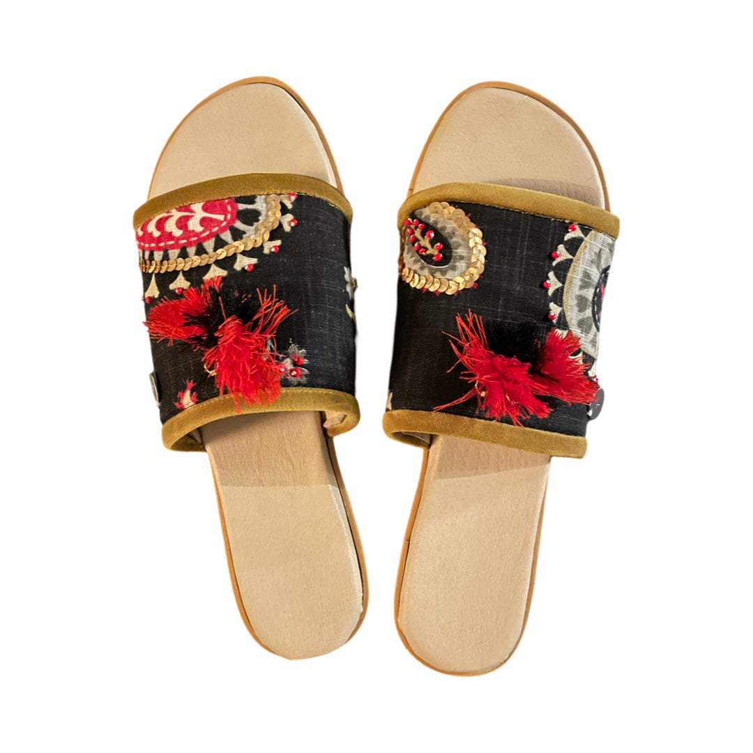 SANDALS - RED AND BLACK WITH BEADS, SEQUINS AND TASSELS