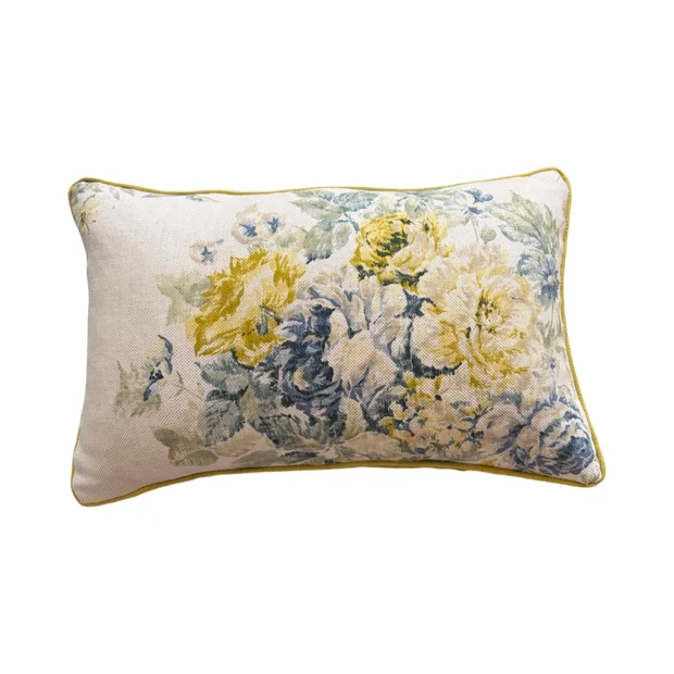 Scatter Cushions - Blue and yellow Floral Cotton with yellow velvet piping