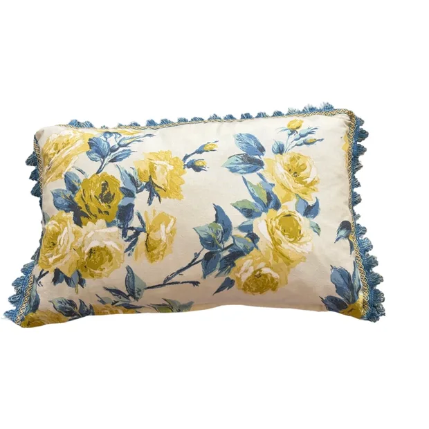 Scatter Cushions - Blue and yellow Floral Cotton with blue trim
