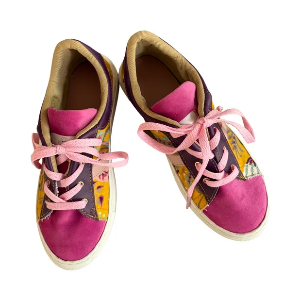 Sneakers - Pink and yellow floral with purple leather Size 37